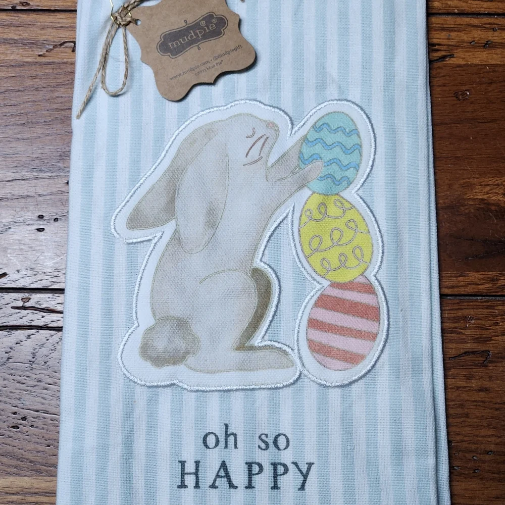 Mud Pie Bunny with Egg Appliqué Easter Kitchen Towel “Oh So Happy” NWT Spring